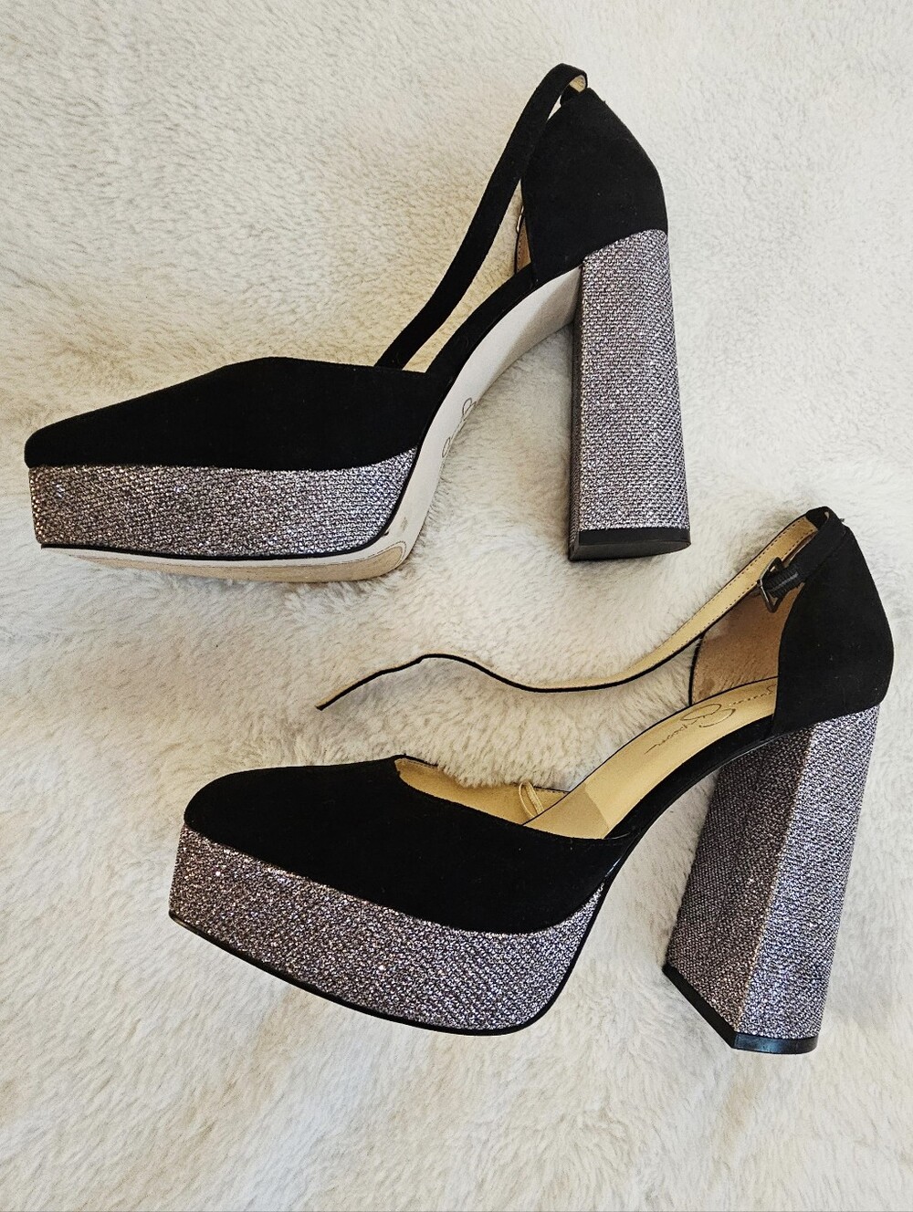 Jessica Simpson Xatina Black Mary Jane Glitter Chunky Heel Platforms, Size 10